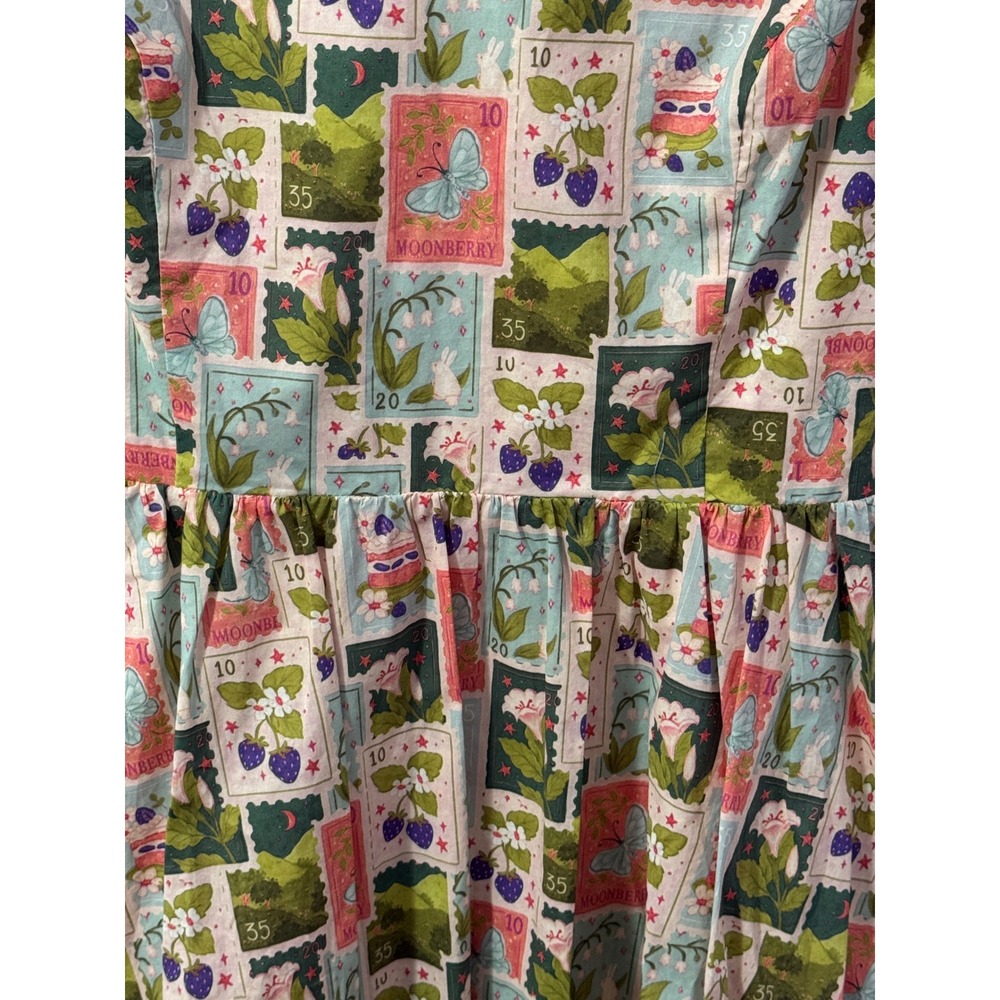 Tulip B Stamp Print Fit Flare Dress W M/L Pink Green Cottagecore Vintage Style - Picture 3 of 8